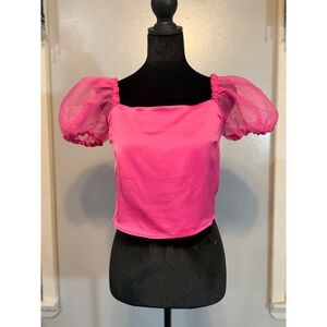 Hot Pink Puff Sleeve Crop Top Sheer Organza Sleeves Smocked Back Size M